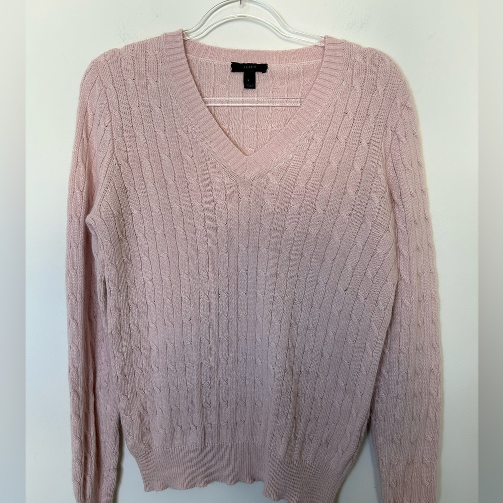 J. Crew Wool Blend V Neck Cable Knit Sweater -‎ Light Pink - Size Large